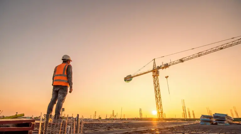 Grue de chantier au coucher de soleil dans le Calvados