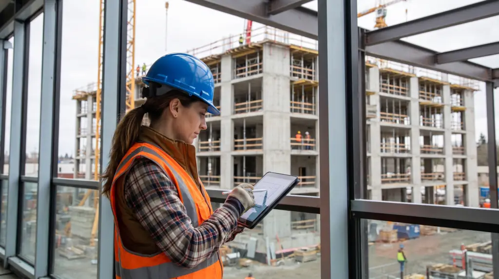 Ingénieure en suivi de chantier devant un immeuble à Hérouville-Saint-Clair