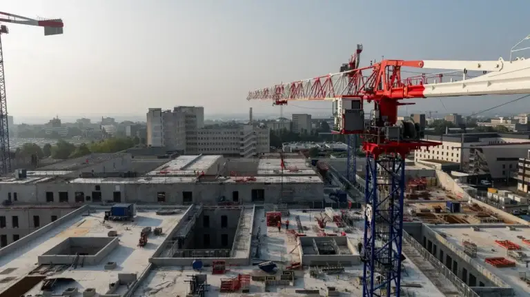 Vue aérienne des grues du chantier du CHU de Caen